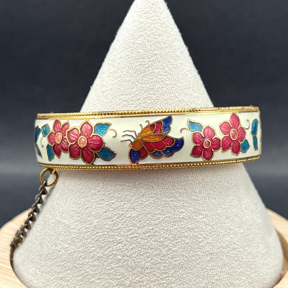 Vintage Cloisonne Bangle Bracelet White Butterfly Floral Safety Chain